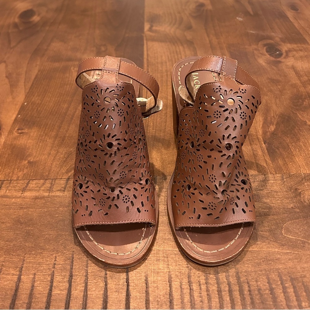 Jack Rogers Ronnie Laser Cut Ankle Strap Chunky Block Heel Sandals Brown 7.5 - Picture 4 of 10